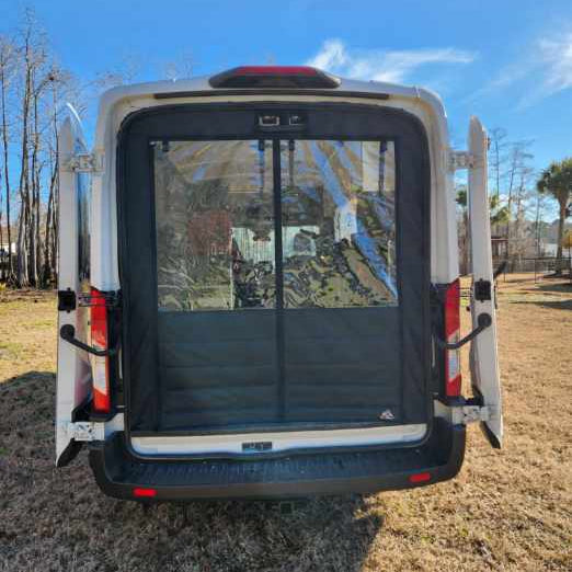 Bugwall Chill Curtain For Transit With Back Doors Open Looking At The Curtain