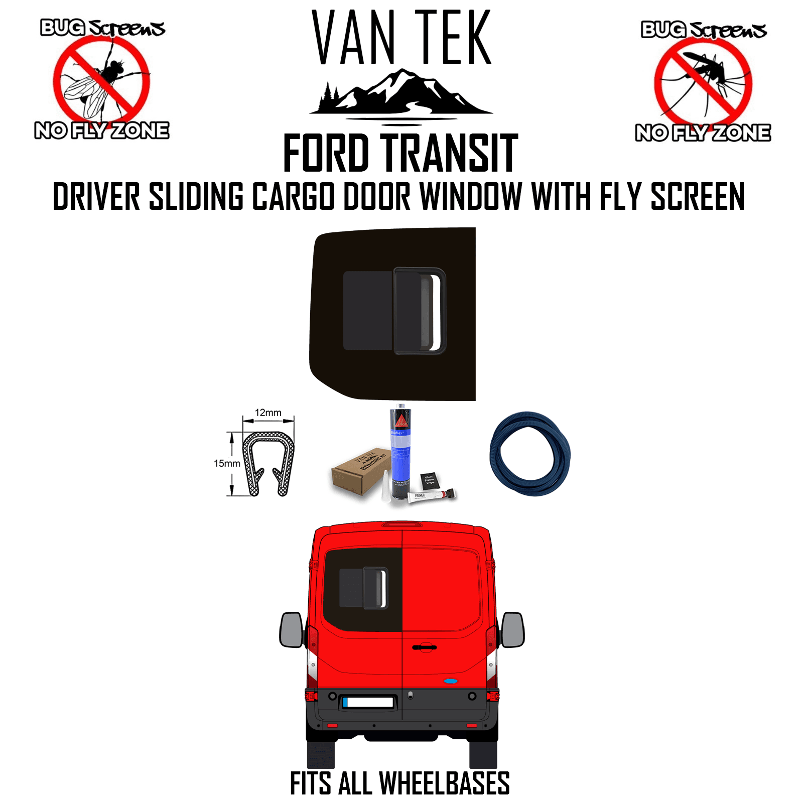 Ford Transit Driver Sliding Cargo Door Window With Fly Screen 