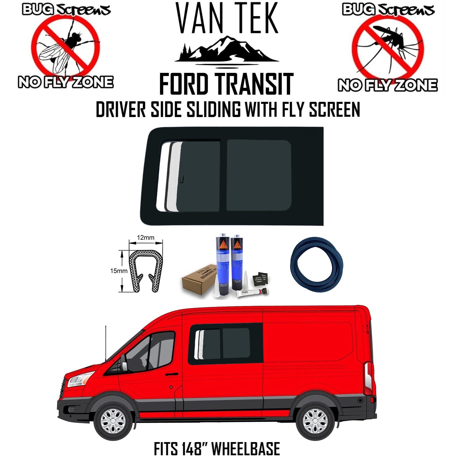 Van Tek Ford Transit Driver Side Sliding With Fly Screen