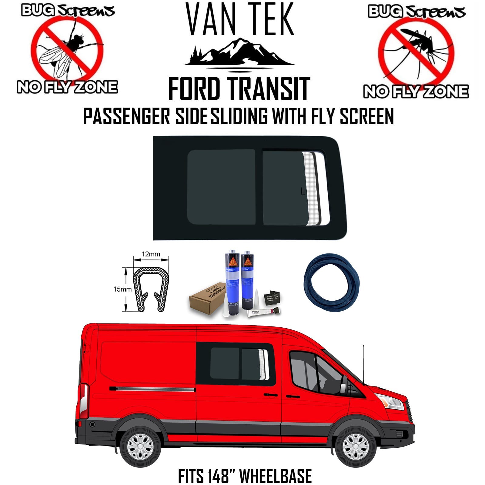 Transit Passenger Side Sliding Window With Fly Screen Kit