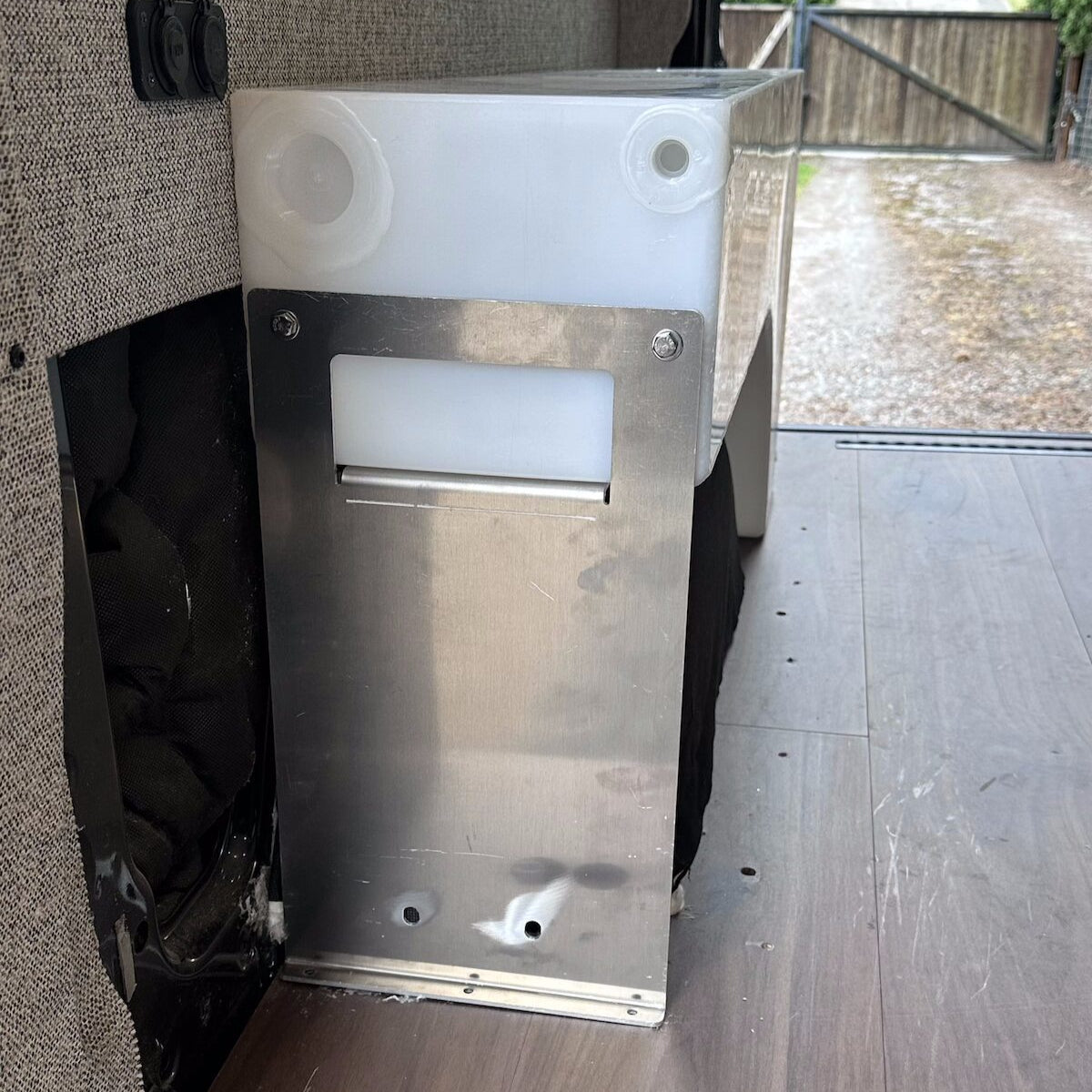 Sprinter/Transit 19 Gallon Dually Water Tank - installed on passenger side - front view