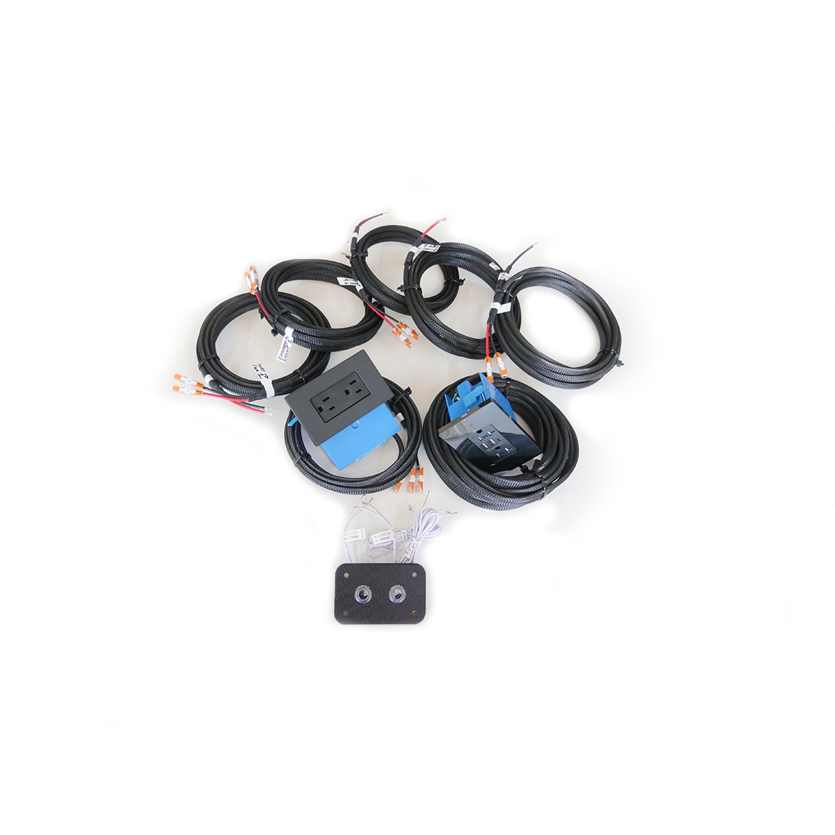 Full Build Wiring Kit Components - (2) Power to Maxx Air Fan Wires (1) Power to dimmer feed wire (2) Dimmer to light wires (1) 110V wire with wall outlet (1) 110V wire to cabinet outlet with 12V USB plugs (1) double dimmer switch 