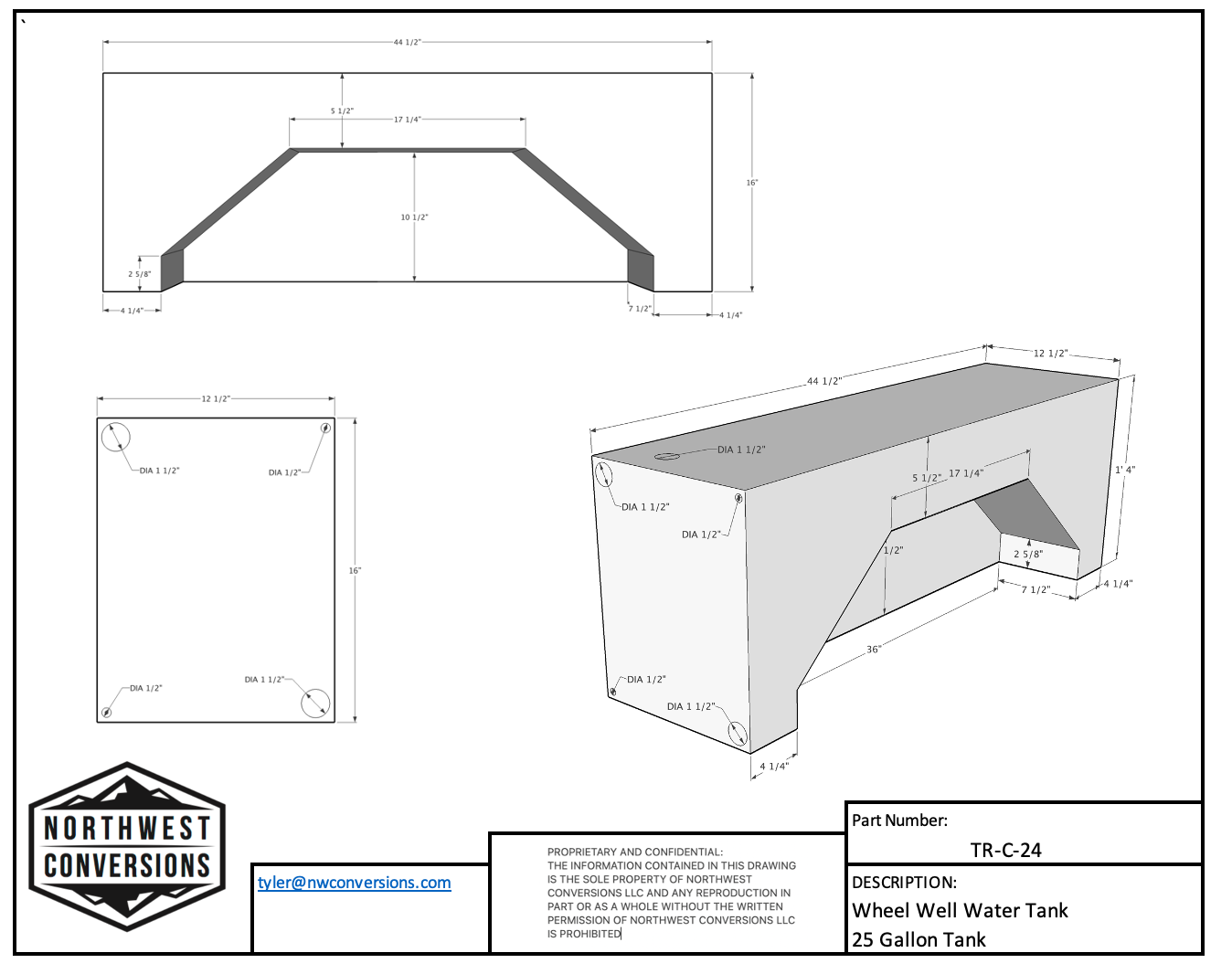 NW Conversions - Transit 25 Gallon Water Tank Spec Sheet